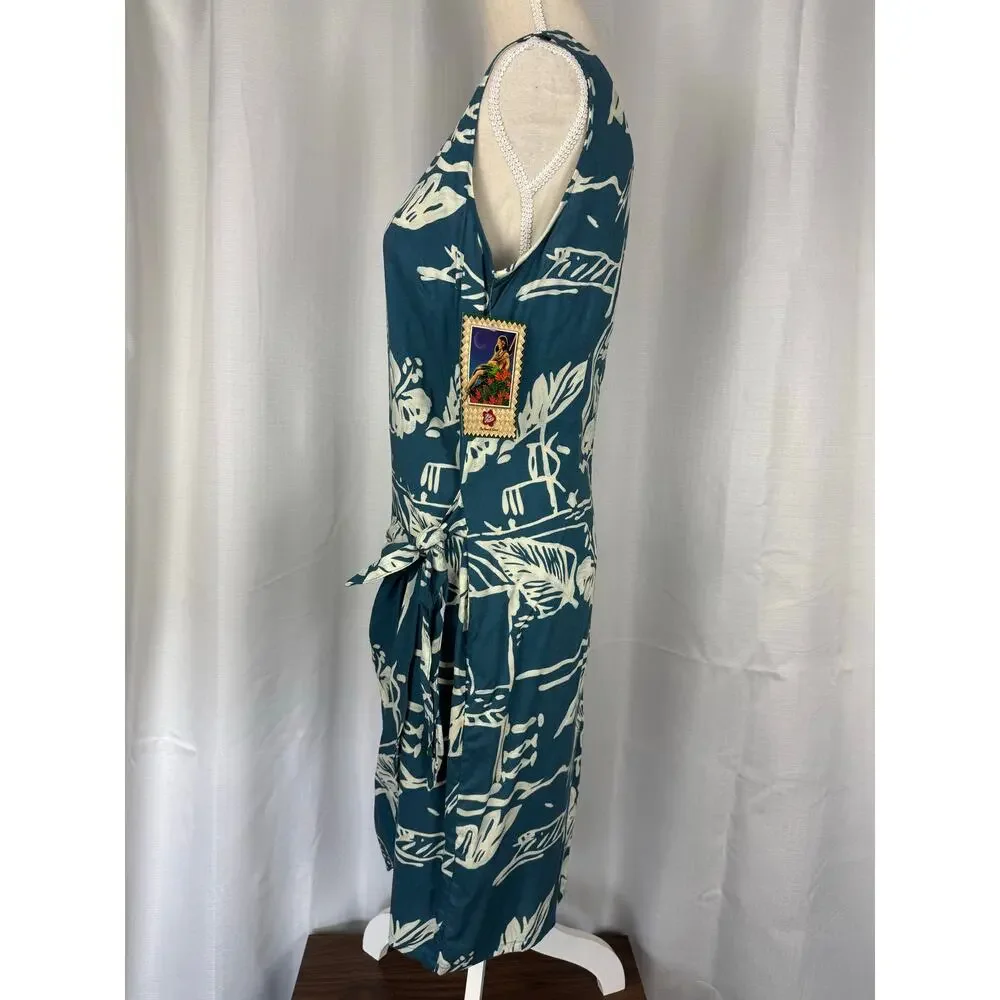 Hawaiian Wrap Dress Teal White Floral Tropical Rayon Medium - Picture 5 of 8